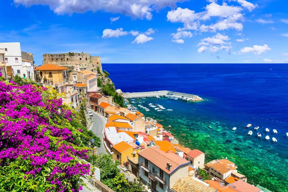 The cliffside village of Scilla above the Mediterranean in Calabria, Italy